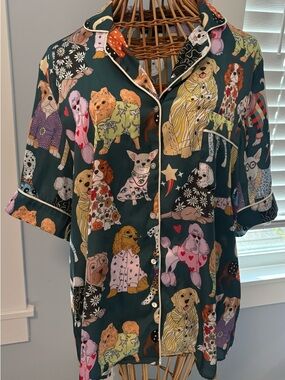 Karen Mabon Dog Print Button Front Shirt Top Pajama Blouse Green Size M